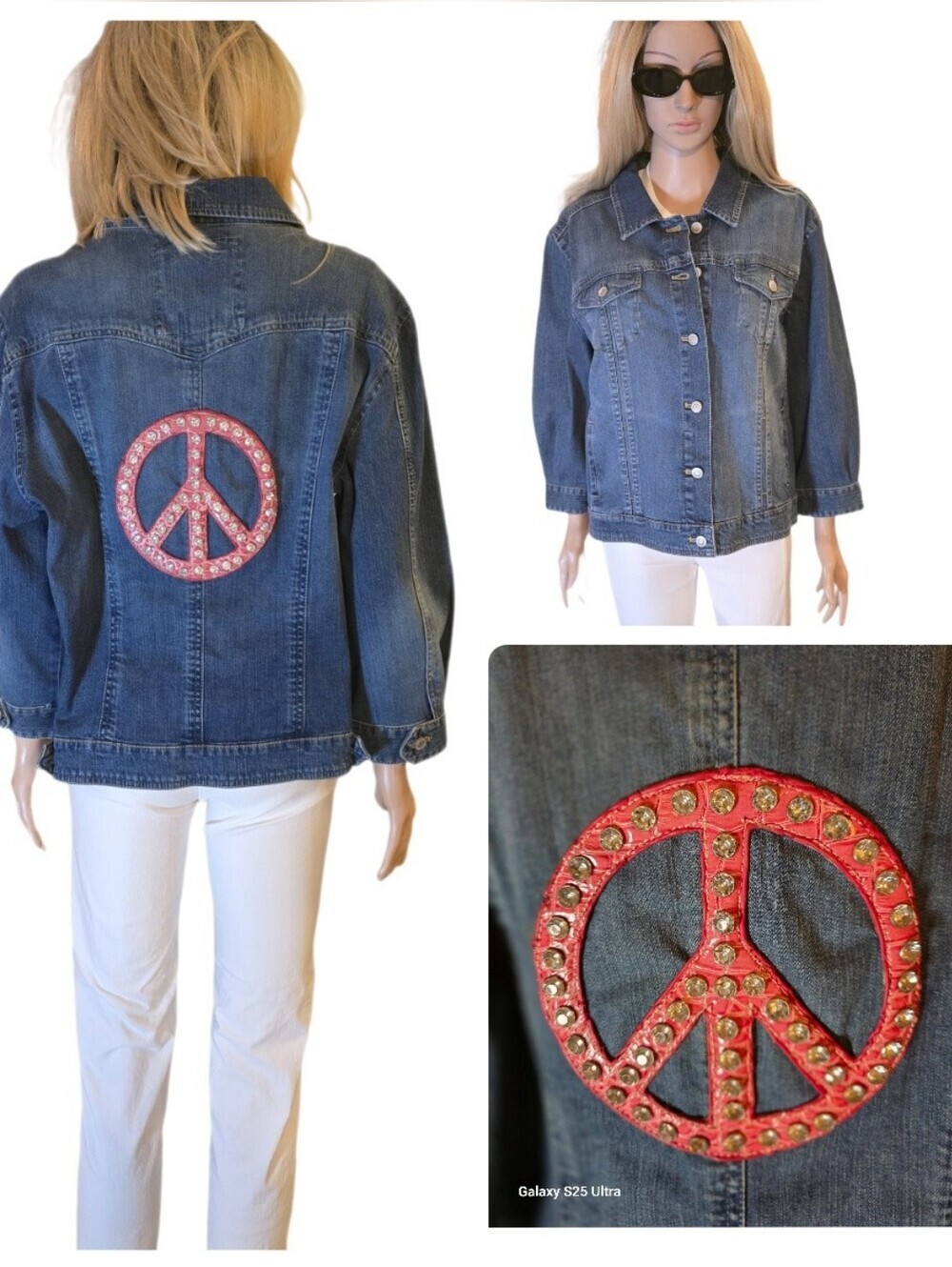 Sonoma Upcycled Denim Jacket Pink Rhinestone Peace Sign 3/4 Sleeves